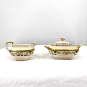 Vintage 1930s Crooksville Cream Porcelain Gilded Floral Creamer Sugar Set